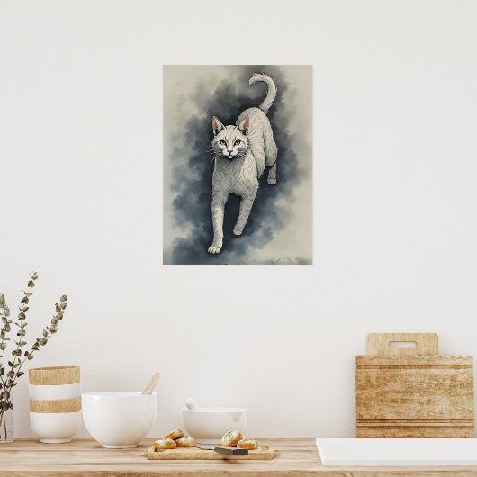 White Cat in a Chinese Ink Drawing Style ポスター (キッチン)