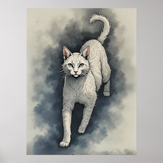 White Cat in a Chinese Ink Drawing Style ポスター (正面)
