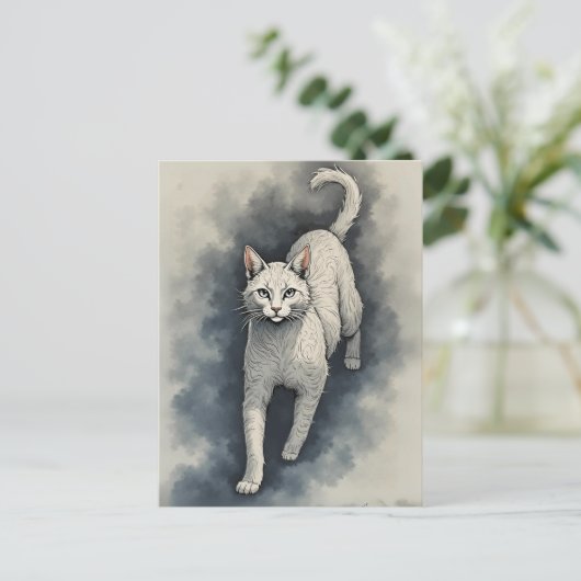 White Cat in a Chinese Ink Drawing Style ポストカード (スタンド正面)