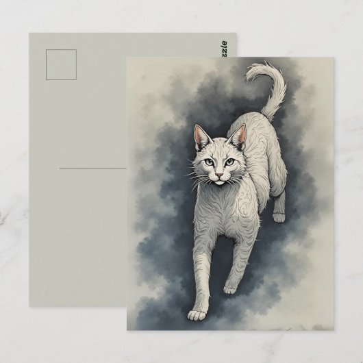 White Cat in a Chinese Ink Drawing Style ポストカード (正面/裏面)