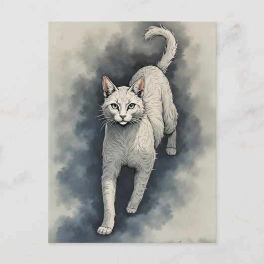 White Cat in a Chinese Ink Drawing Style ポストカード (正面)