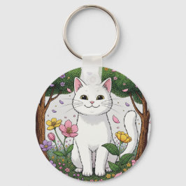 White Cat in a Colorful Garden キーホルダー