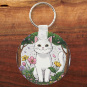 White Cat in a Colorful Garden キーホルダー (正面)