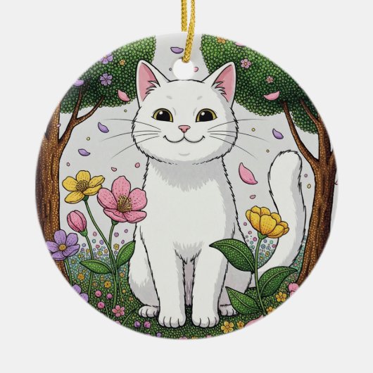 White Cat in a Colorful Garden セラミックオーナメント (正面)