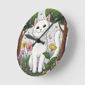 White Cat in a Colorful Garden ラウンド壁時計 (傾斜)