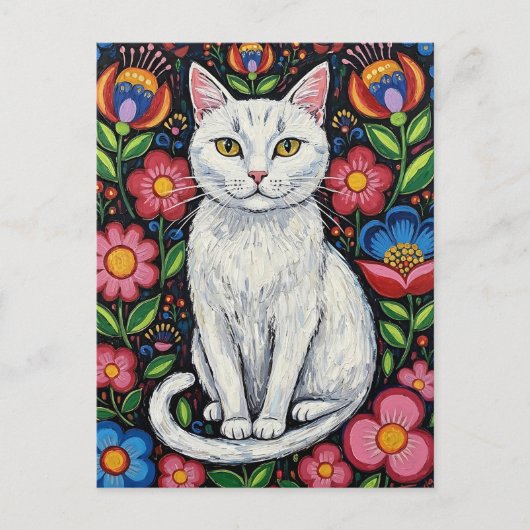 White Cat in Colorful Folk Art Flowers ポストカード (正面)
