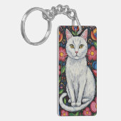 White Cat in Colorful Folk Art Flowers Personalize キーホルダー (正面左)