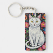 White Cat in Colorful Folk Art Flowers Personalize キーホルダー (正面)