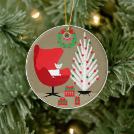 White Cat in Mid Century Christmas Room セラミックオーナメント