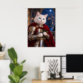 White Cat Knight with Red Rose Fantasy Art Poster ポスター (ホームオフィス)