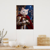 White Cat Knight with Red Rose Fantasy Art Poster ポスター (キッチン)