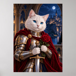 White Cat Knight with Red Rose Fantasy Art Poster ポスター