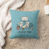 White Cat Knitting Cute Hobby Home Decor Blue クッション (ブランケット)