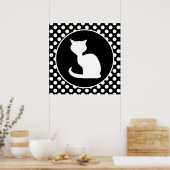 White Cat on Black and White Polka Dots ポスター (キッチン)