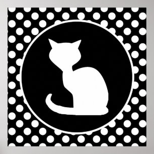 White Cat on Black and White Polka Dots ポスター