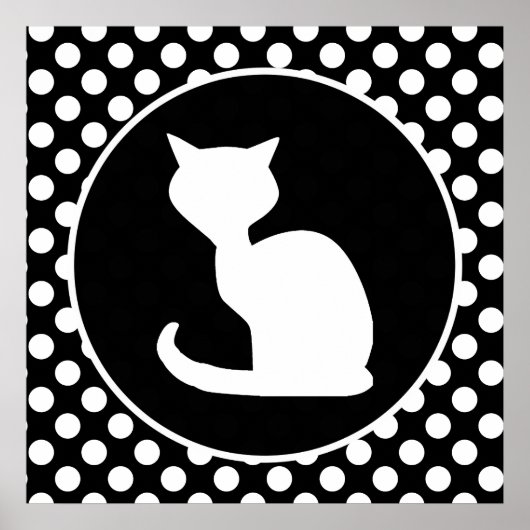 White Cat on Black and White Polka Dots ポスター (正面)