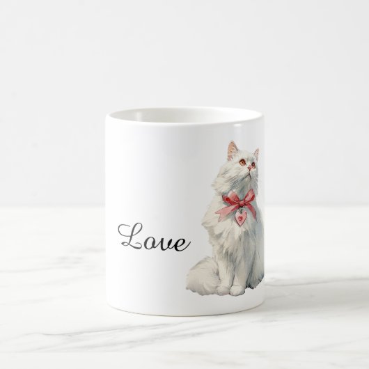 White Cat Red Bow Heart Charm コーヒーマグカップ (中央)