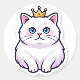 White Cat With Crown Sticker Cute Princess Cat ラウンドシール