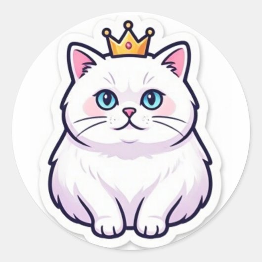 White Cat With Crown Sticker Cute Princess Cat ラウンドシール (正面)