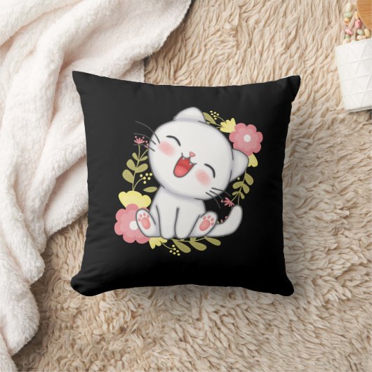 white cat with flower クッション (ブランケット)