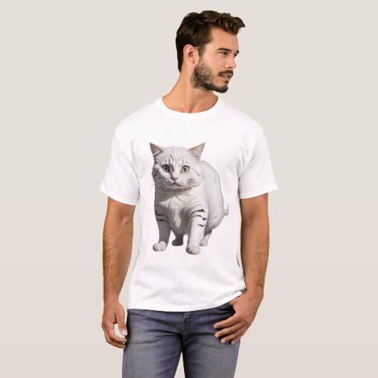 White Cat with Subtle Gray Tabby Markings Tシャツ (正面フル)
