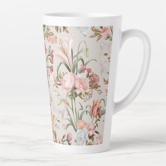 White Cats Pink Roses Floral  カフェラテマグ (右)