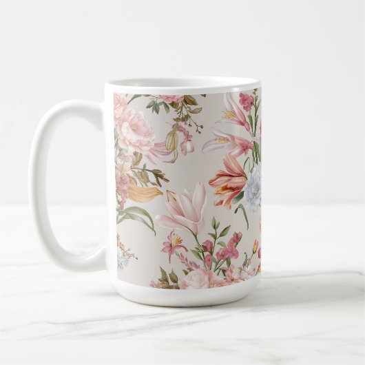 White Cats Pink Roses Floral  コーヒーマグカップ (左)