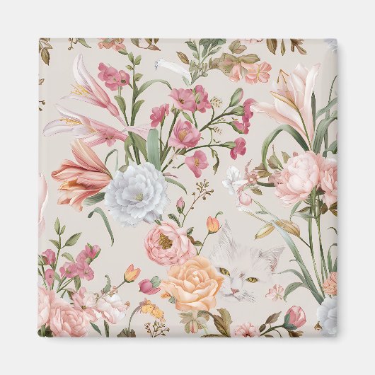 White Cats Pink Roses Floral マグネット (正面)