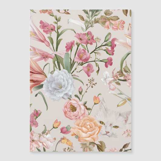 White Cats Pink Roses Floral Flat Thank You Card (正面)