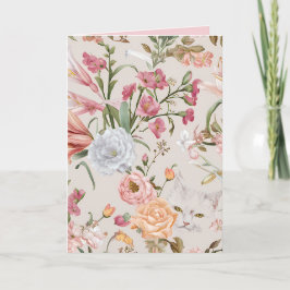 White Cats Pink Roses Floral Flat Thank You Card カード