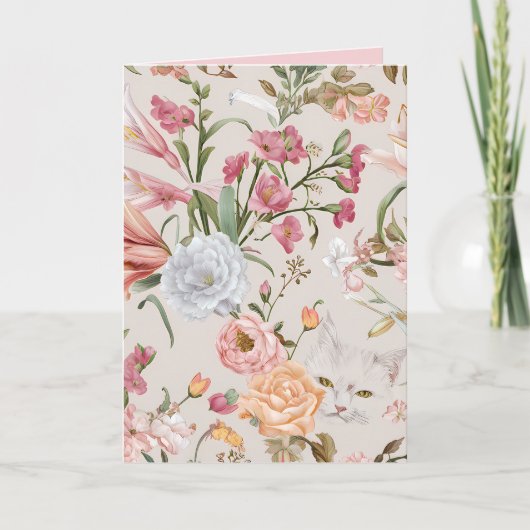 White Cats Pink Roses Floral Flat Thank You Card カード (正面)