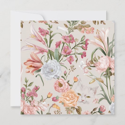 White Cats Pink Roses Floral Flat Thank You Card カード (正面)