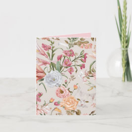 White Cats Pink Roses Floral Flat Thank You Card カード
