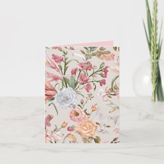 White Cats Pink Roses Floral Flat Thank You Card カード (正面)