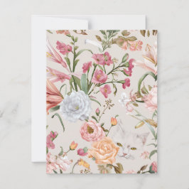 White Cats Pink Roses Floral Flat Thank You Card サンキューカード