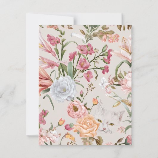 White Cats Pink Roses Floral Flat Thank You Card サンキューカード (正面)