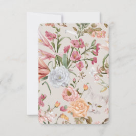 White Cats Pink Roses Floral Flat Thank You Card サンキューカード