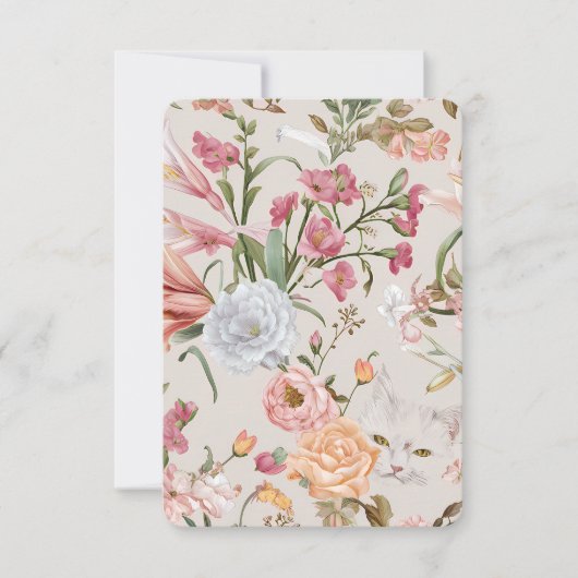 White Cats Pink Roses Floral Flat Thank You Card サンキューカード (正面)