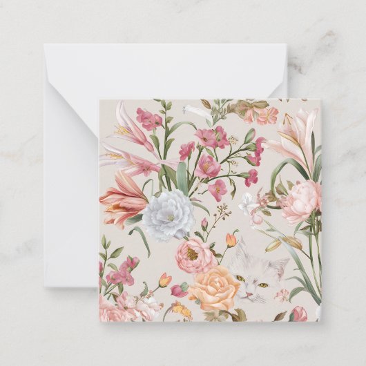 White Cats Pink Roses Floral Flat Thank You Card ノートカード (正面)