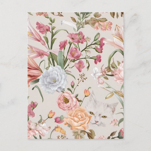 White Cats Pink Roses Floral Flat Thank You Card ポストカード (正面)