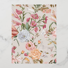 White Cats Pink Roses Floral Holiday Card 箔シーズンポストカード
