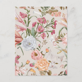 White Cats Pink Roses Floral Holiday Postcard シーズンポストカード