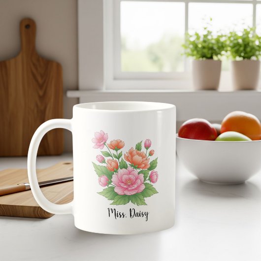 White Ceramic Personalized Mug with Floral Design  コーヒーマグカップ