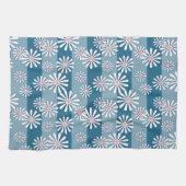 White chamomile flowers on striped blue background キッチンタオル (横)