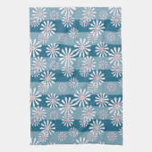 White chamomile flowers on striped blue background キッチンタオル (縦)