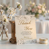 White Cherry Blossom & Gold Script Wedding サンキューカード