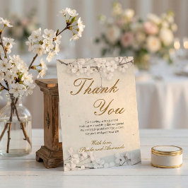 White Cherry Blossom & Gold Script Wedding サンキューカード