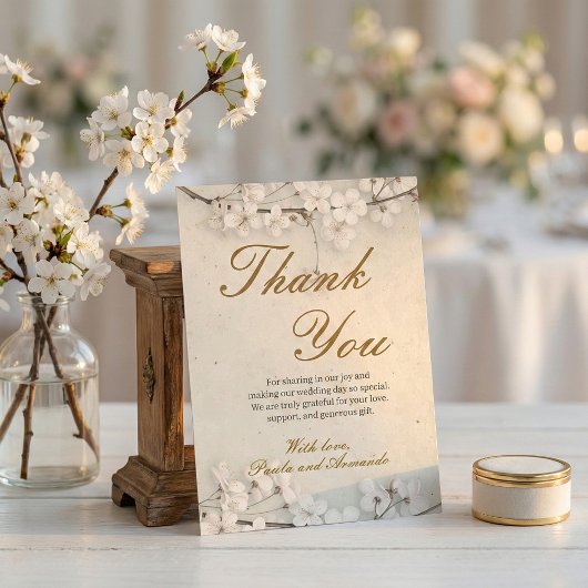 White Cherry Blossom & Gold Script Wedding サンキューカード