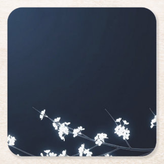 White Cherry Blossom Navy Background スクエアペーパーコースター
