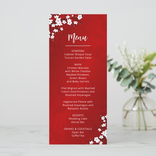White Cherry Blossom Wedding Menu Card メニュー (スタンド正面)